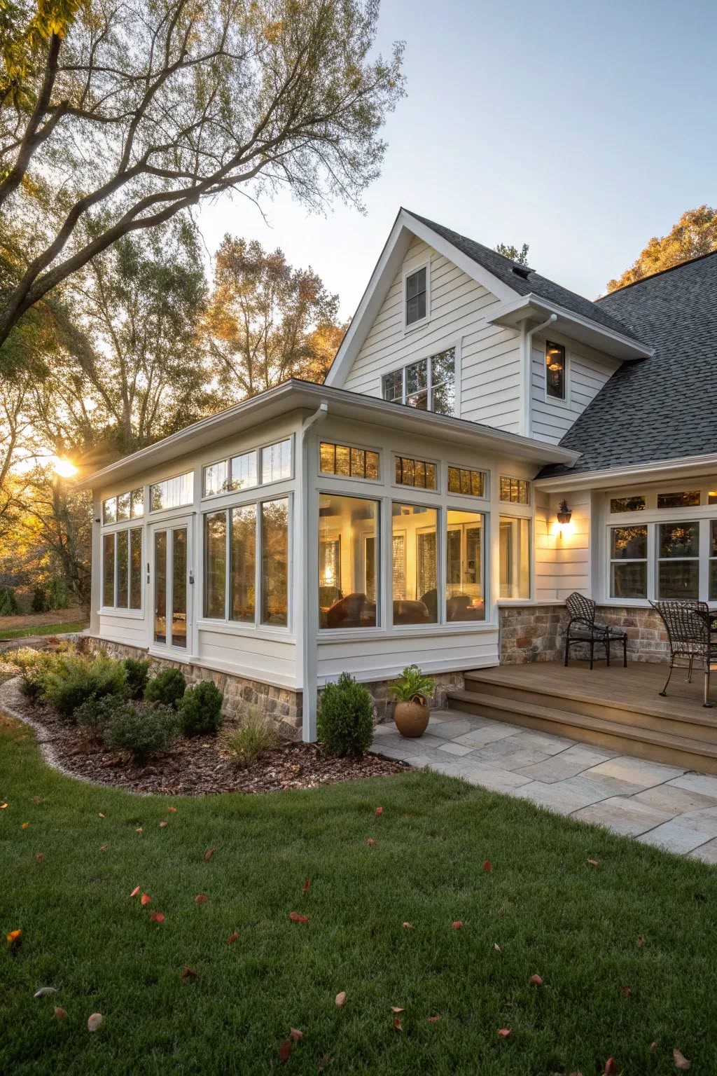 Sunroom addition exterior at golden hour