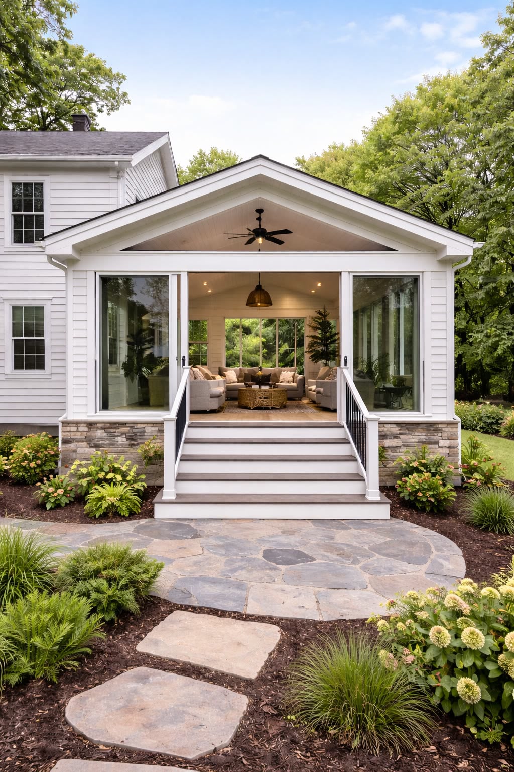 Front porch addition with stone walkway